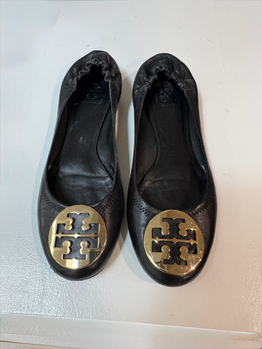 Tory Burch Minnie Ballet Flats - Black Leather with Gold Medallions